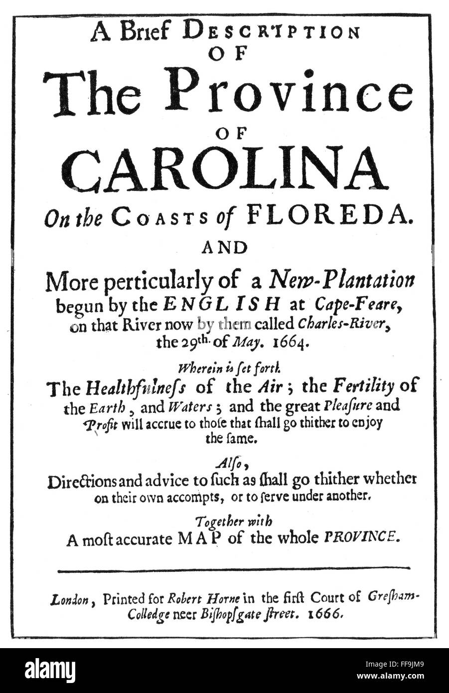 CAROLINA PAMPHLET, 1666. /nTitle-page of 'A Brief Description of the Province of Carolina,' London, England, 1666. Stock Photo