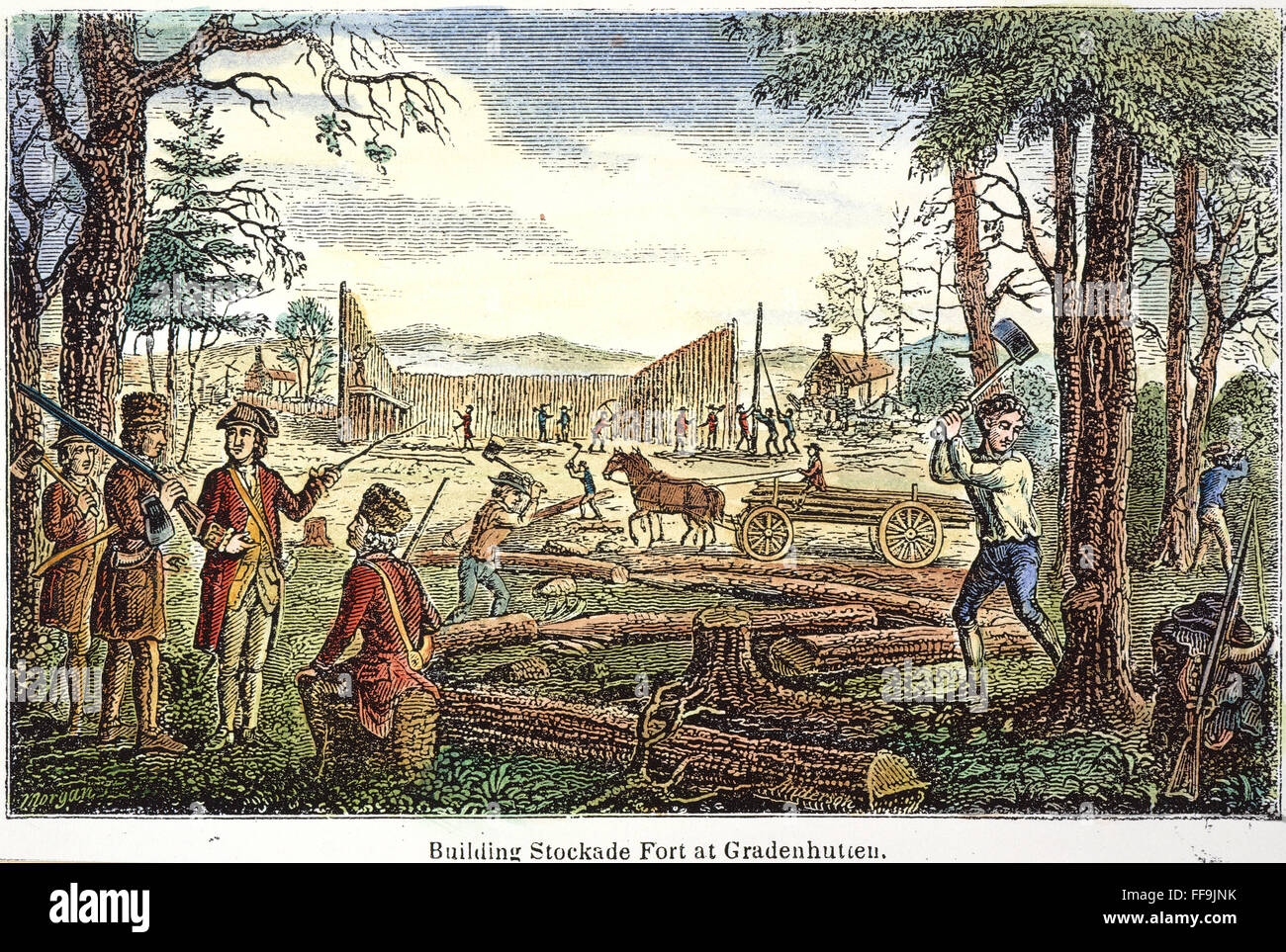 PENN: STOCKADE FORT, 1746. /nBuilding the stockade fort at the Moravian settlement of Gnadenhutten, Pennsylvania, in 1746. The settlement was destroyed and the inhabitants massacred during the French and Indian Wars: wood engraving, 19th century. Stock Photo