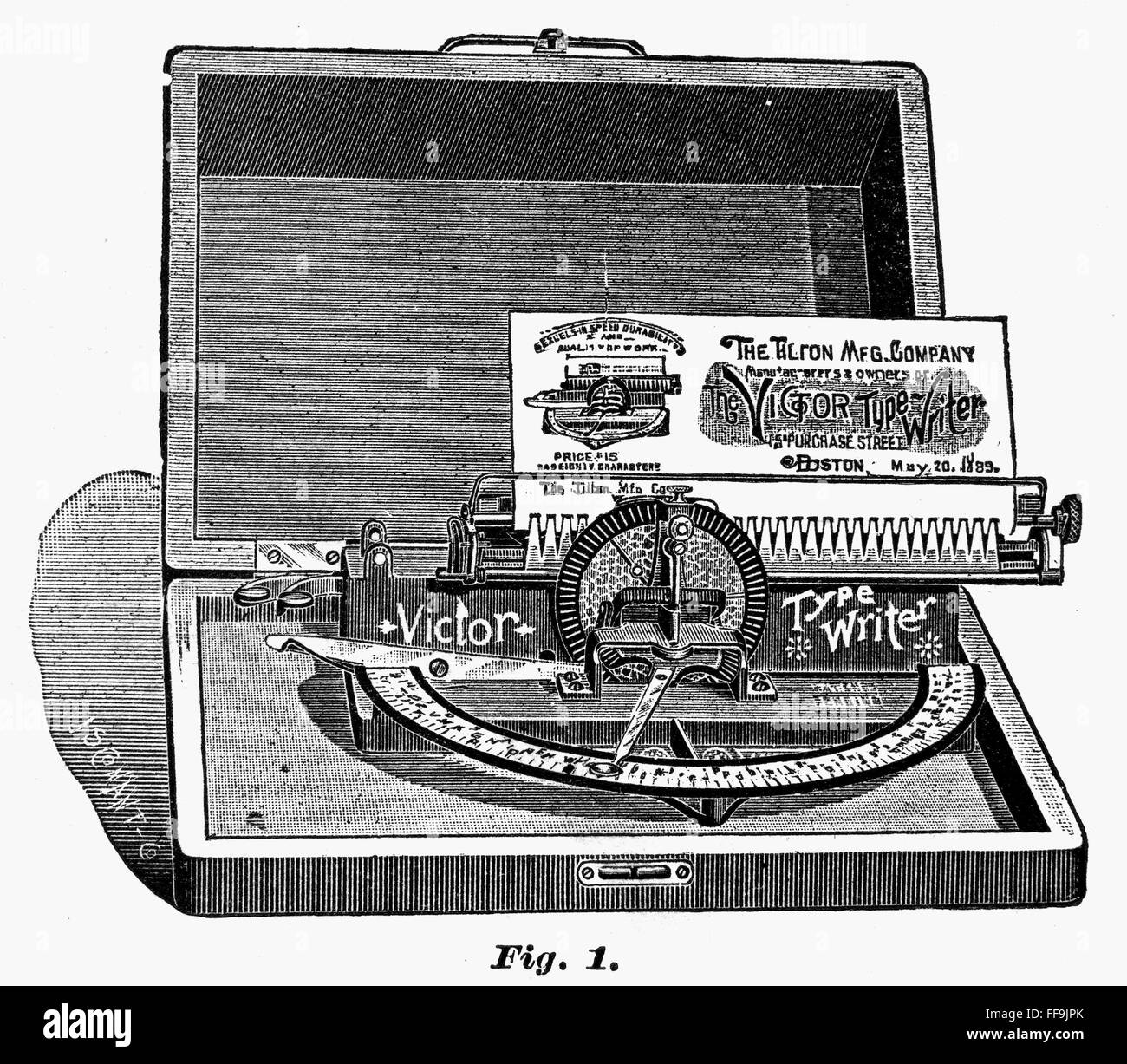 VICTOR TYPEWRITER, 1889. /nThe Victor typewriter, operated by moving a pointer over a type-plate, then pressing the desired character. Wood engraving, American, 1889. Stock Photo