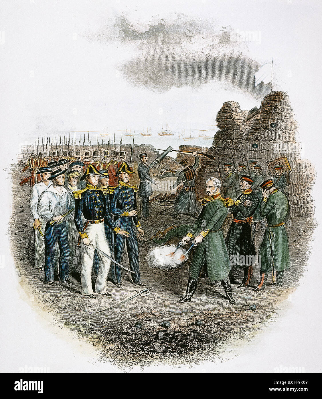CRIMEAN WAR: KINBURN, 1855. /nThe governor of the Russian forts of Kinburn surrenders to the Allied forces after their bombardment of Kinburn, 17 October 1855, during the Crimean War: steel engraving, English, 19th century. Stock Photo