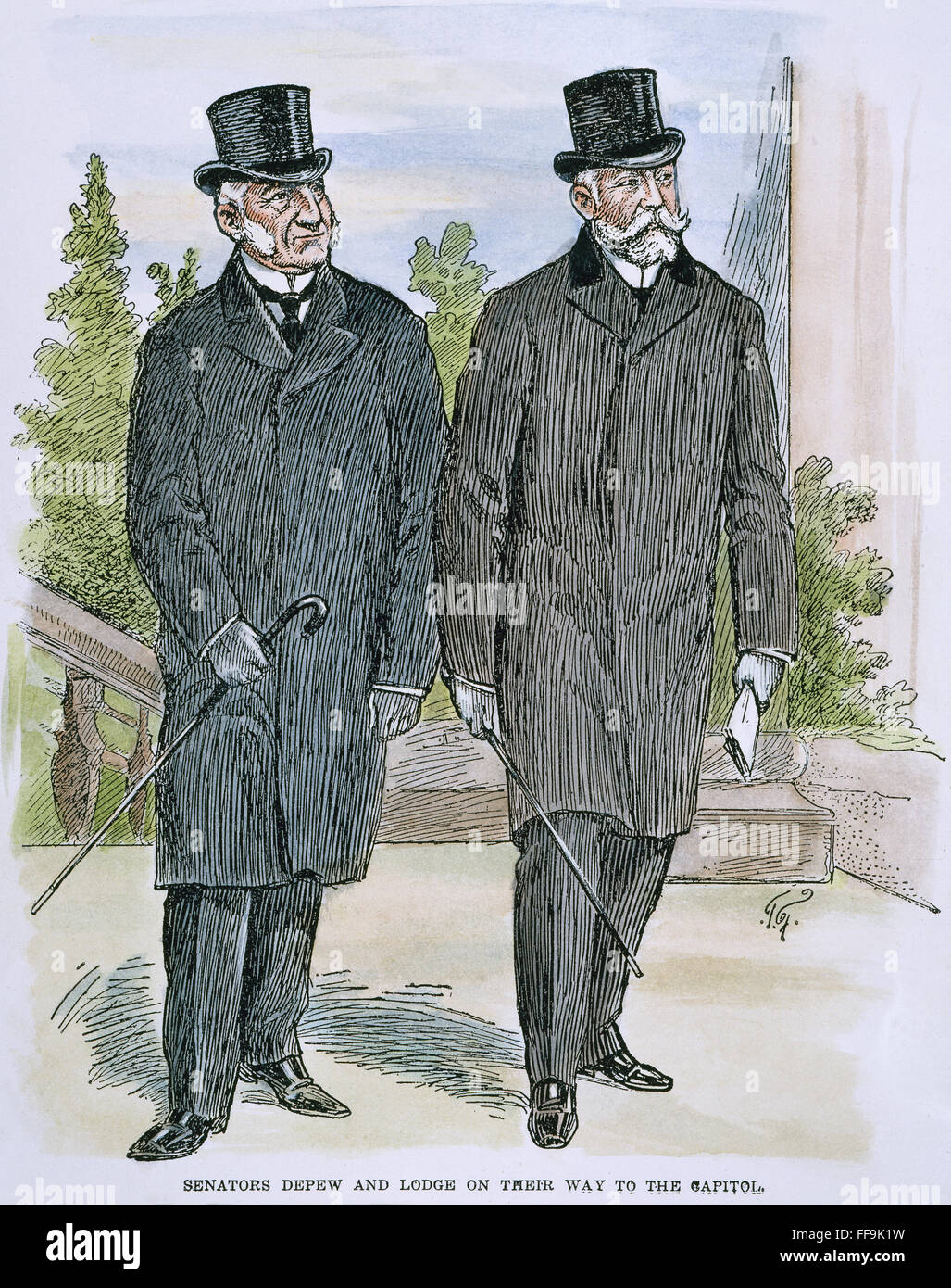 DEPEW AND LODGE. /nSenators Chauncey Mitchell Depew (1834-1928) and Henry Cabot Lodge (1850-1924) on their way to the Capitol in Washington, D.C. Drawing, 1902, by Thomas Fleming. Stock Photo