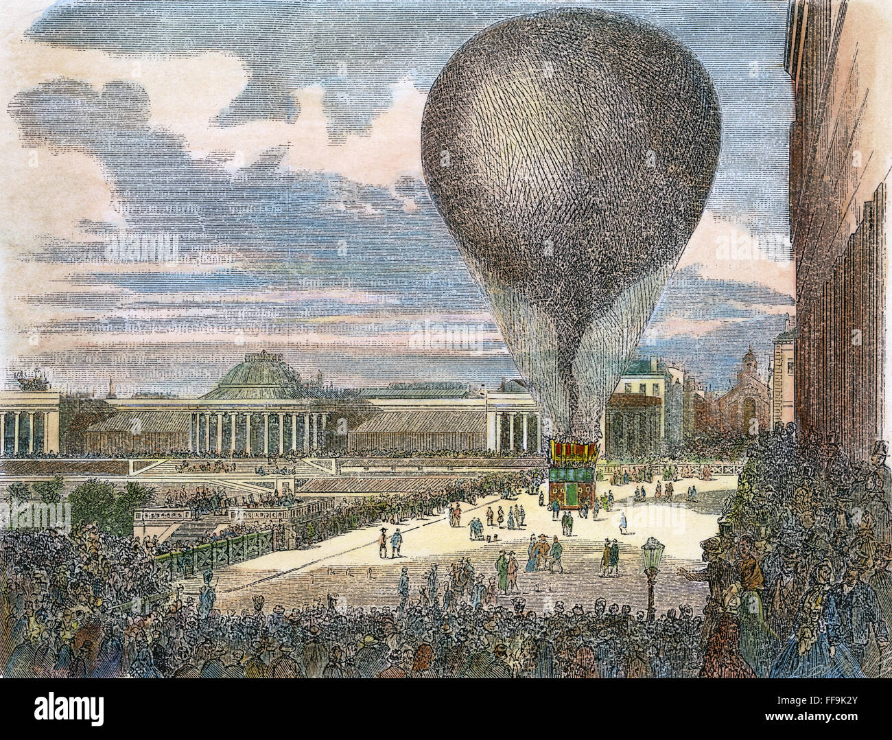 BALLOONING: NADAR, 1864. /nThe ascent of Nadar's 'Le Geant' balloon at Brussels in 1864. Contemporary wood engraving. Stock Photo