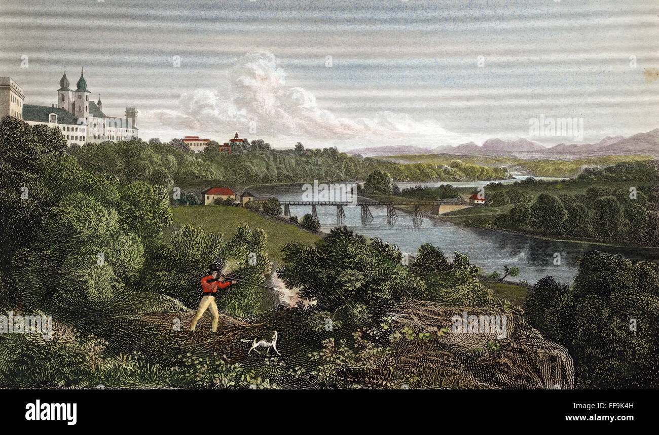 AUSTRIA: TRAUN, 1823. /nBanks of the Traun at Lambach, Austria. Steel engraving, 1823, after a drawing by Robert Batty. Stock Photo