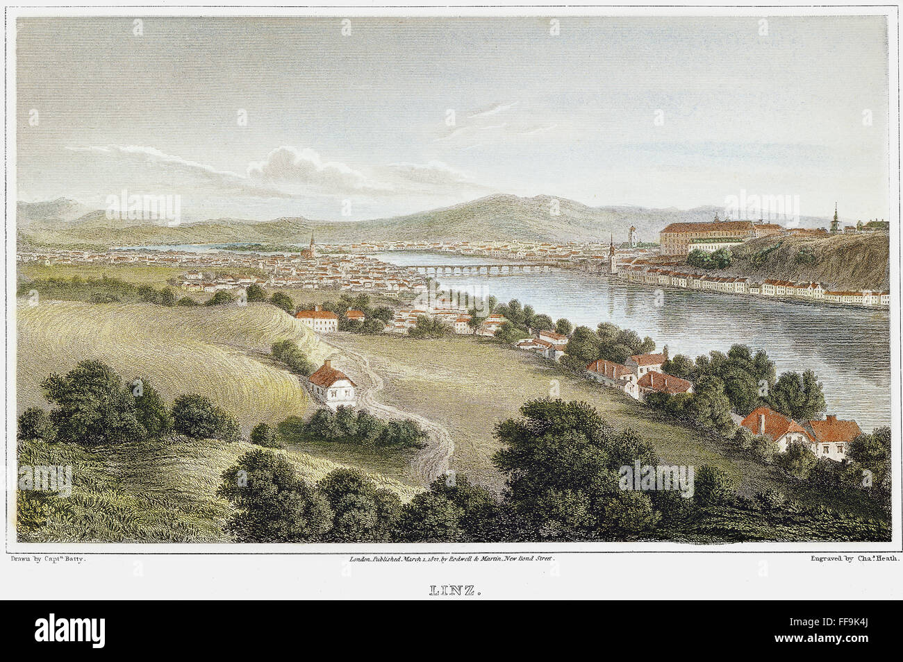 AUSTRIA: LINZ, 1822. /nA view of Linz, Austria, on the Danube River. Line engraving, English, 1822, after a drawing by Robert Batty. Stock Photo