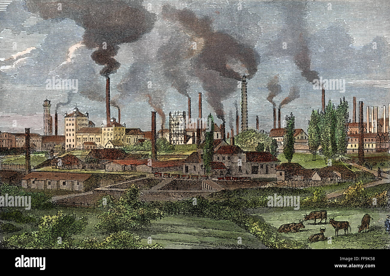 GERMANY: KRUPP WORKS. /nThe Krupp steelworks at Essen, Germany. Wood engraving, English, late 19th century. Stock Photo