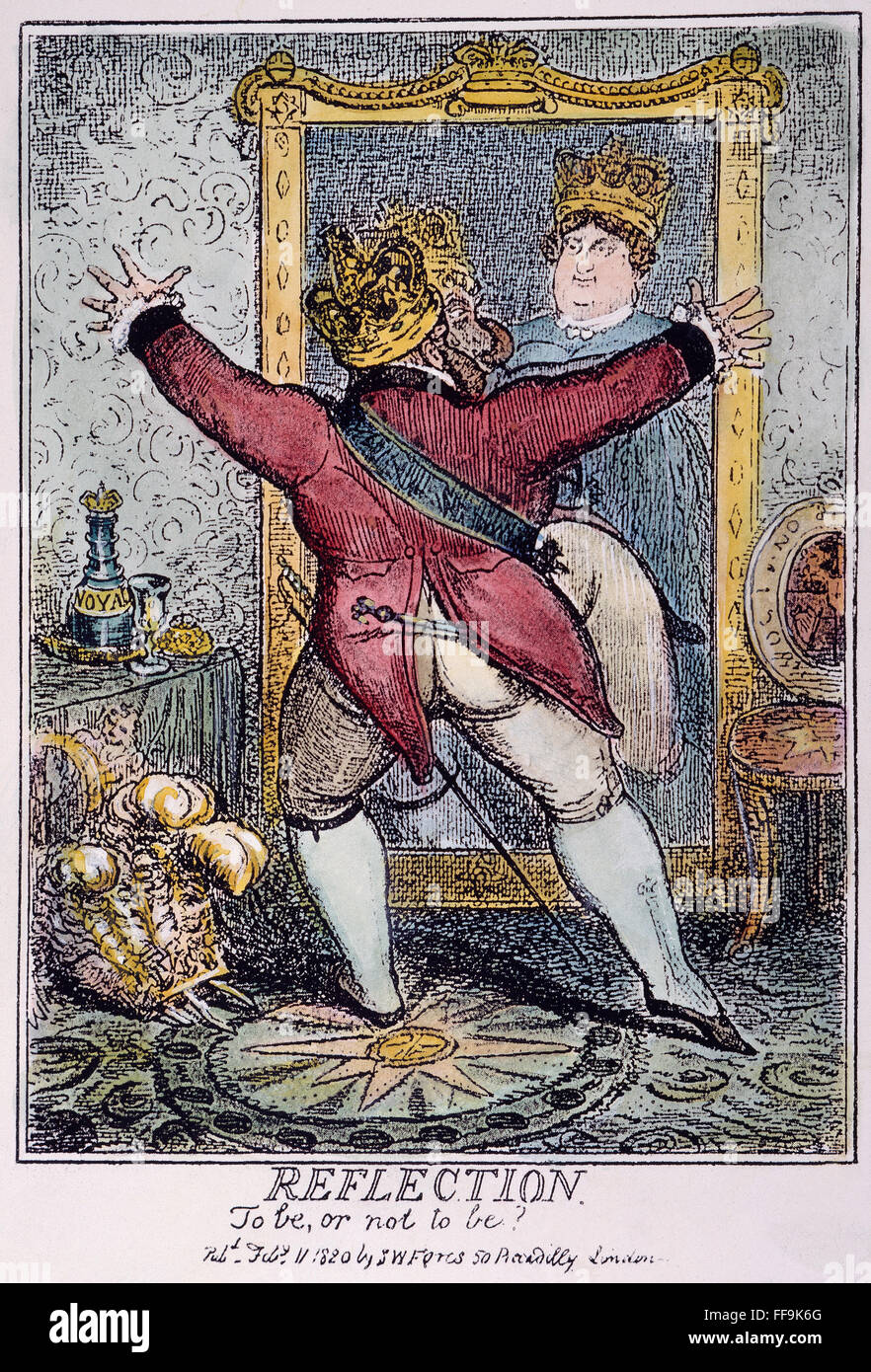 CARTOON: GEORGE IV, 1820. /nReflection (To be, or not to be?). Cartoon, 1820, by Robert Cruickshank showing King George IV of England unpleasantly surprised to find the reflection of his wife, Queen Caroline, who refused to give up the crown. Stock Photo