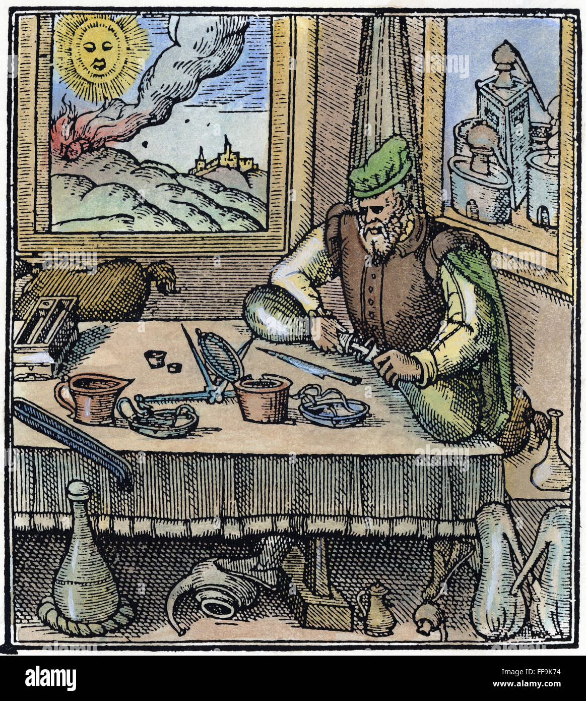 PHYSICIAN, 1576. /nA physician distilling and decanting medicinal oils. Woodcut from an English translation of Konrad von Gesner's 'Newe Iewell of Health,' London, England, 1576. Stock Photo