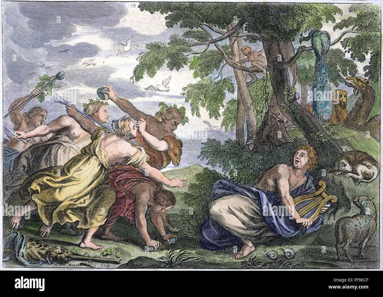 ORPHEUS & THE BACCHANTES. /nLine engraving, French, 18th century. Stock Photo