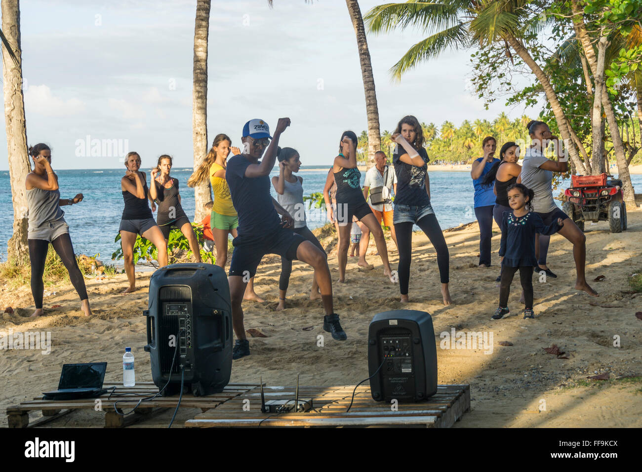 Las Terrenas Beach, Aerobic group with instructor, ,  Dominican Republic Stock Photo