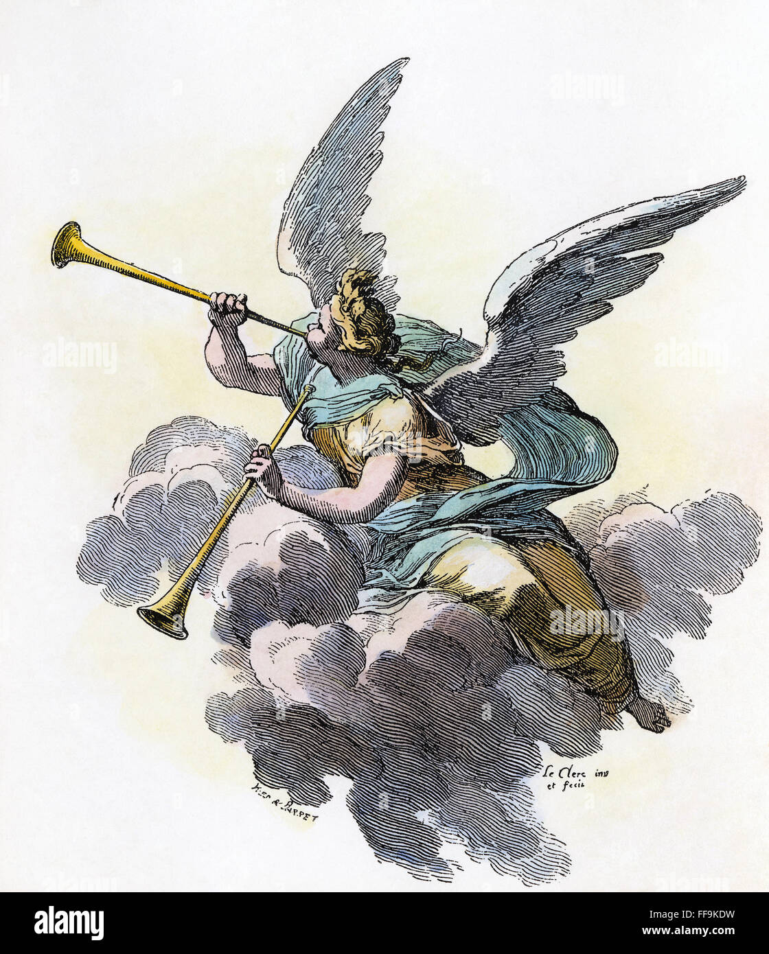 TRUMPETING ANGEL. /nWood engraving, French, 19th century. Stock Photo
