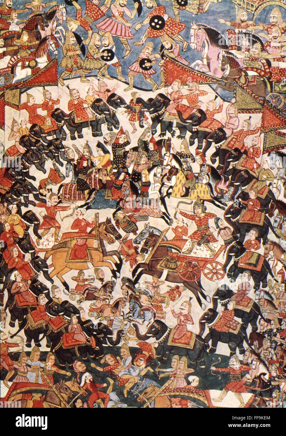 INDIA: MAHABHARATA. /nThe Mahabharata. The armies of the Kauravas and Pandavas clashing, 9th century B.C. Indian painting. Stock Photo