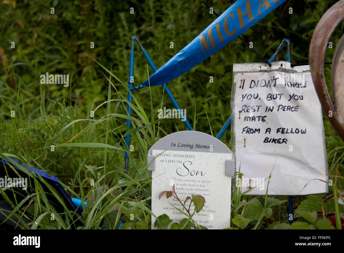 Very touching roadside tribute at the site of a fatal motorcycle accident Stock Photo
