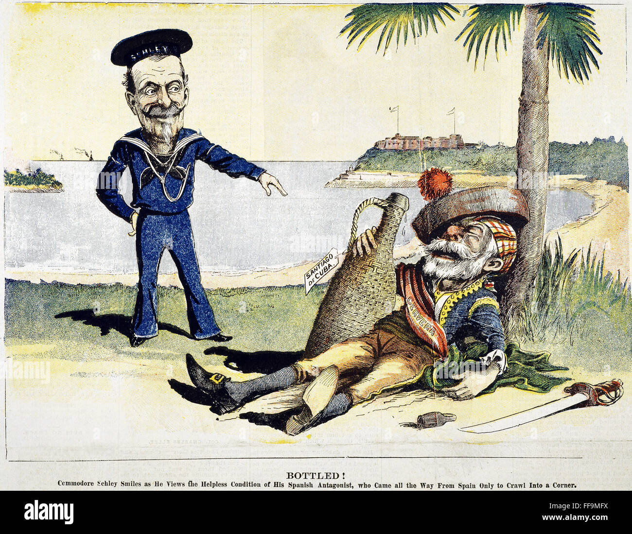 SPANISH-AMERICAN WAR, 1898. /n'Bottled!' Commodore Winfield Scott Schley mocks Spanish Admiral Pascual Cervera, whose fleet is blockaded by the American navy in the harbor of Santiago de Cuba. Cartoon from an American newspaper, June 1898. Stock Photo