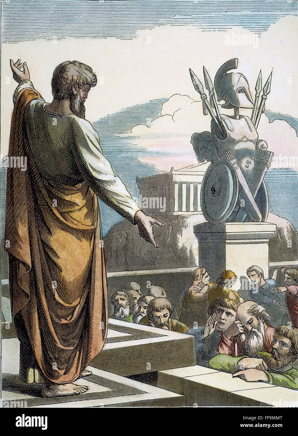 SAINT PAUL AT ATHENS. /nSaint Paul preaching at Athens (Acts 17:22-34). Wood engraving, 19th century. Stock Photo