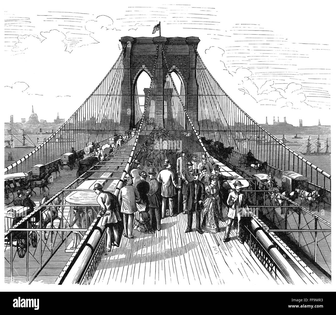 NY: BROOKLYN BRIDGE. /nThe pedestrian promenade on the Brooklyn Bridge ...
