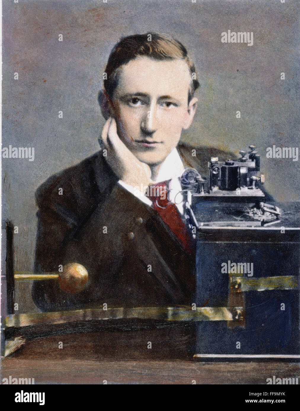 GUGLIELMO MARCONI /n(1874-1937) with his coherer radio receiver: oil over a photograph, 1896. Stock Photo