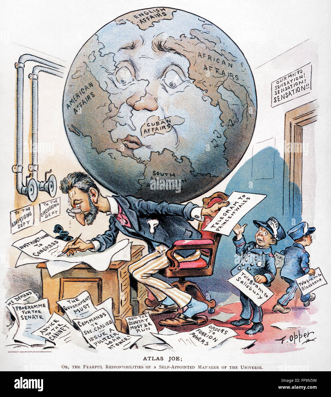 JOSEPH PULITZER CARTOON/n'Atlas Joe': American cartoon, 1896, by Frederick Opper, showing Joseph Pulitzer (1847-1911) busily trying to influence world affairs through his newspapers and through memorandums to authorities and world leaders. Stock Photo