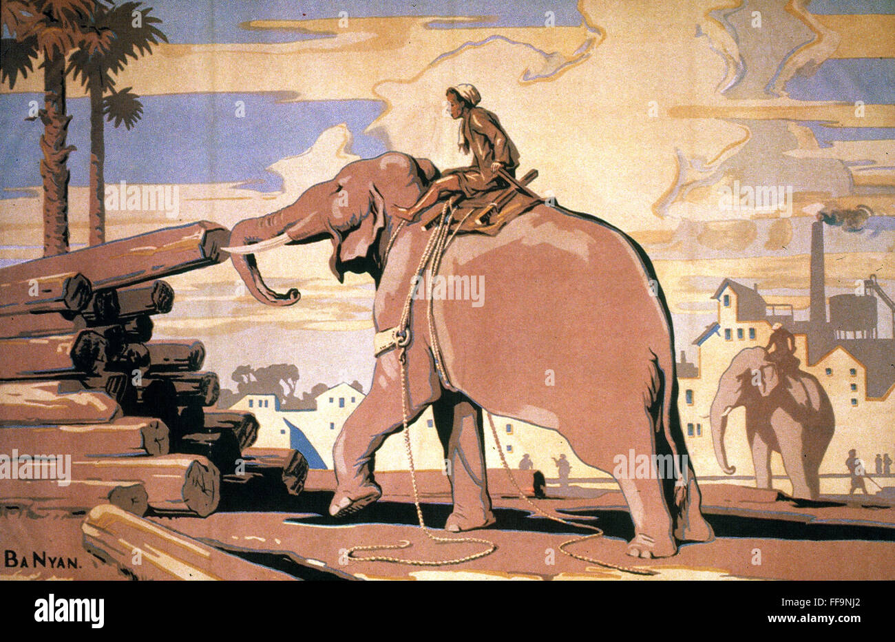 TIMBER STACKING IN BURMA. /nA Burmese worker stacking timber with an elephant. British Empire Marketing Board poster, 1928. Stock Photo
