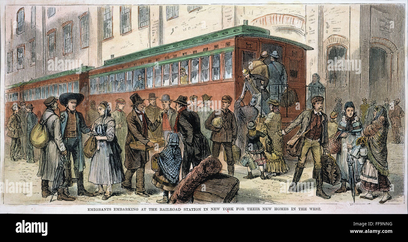 IMMIGRANTS: NEW YORK, 1880. /nEuropean immigrants at the railroad station in New York City embarking for the West. Wood engraving, American, 1880. Stock Photo