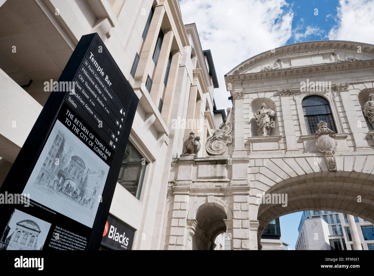 A signage with historical facts about Temple Bar on display in London