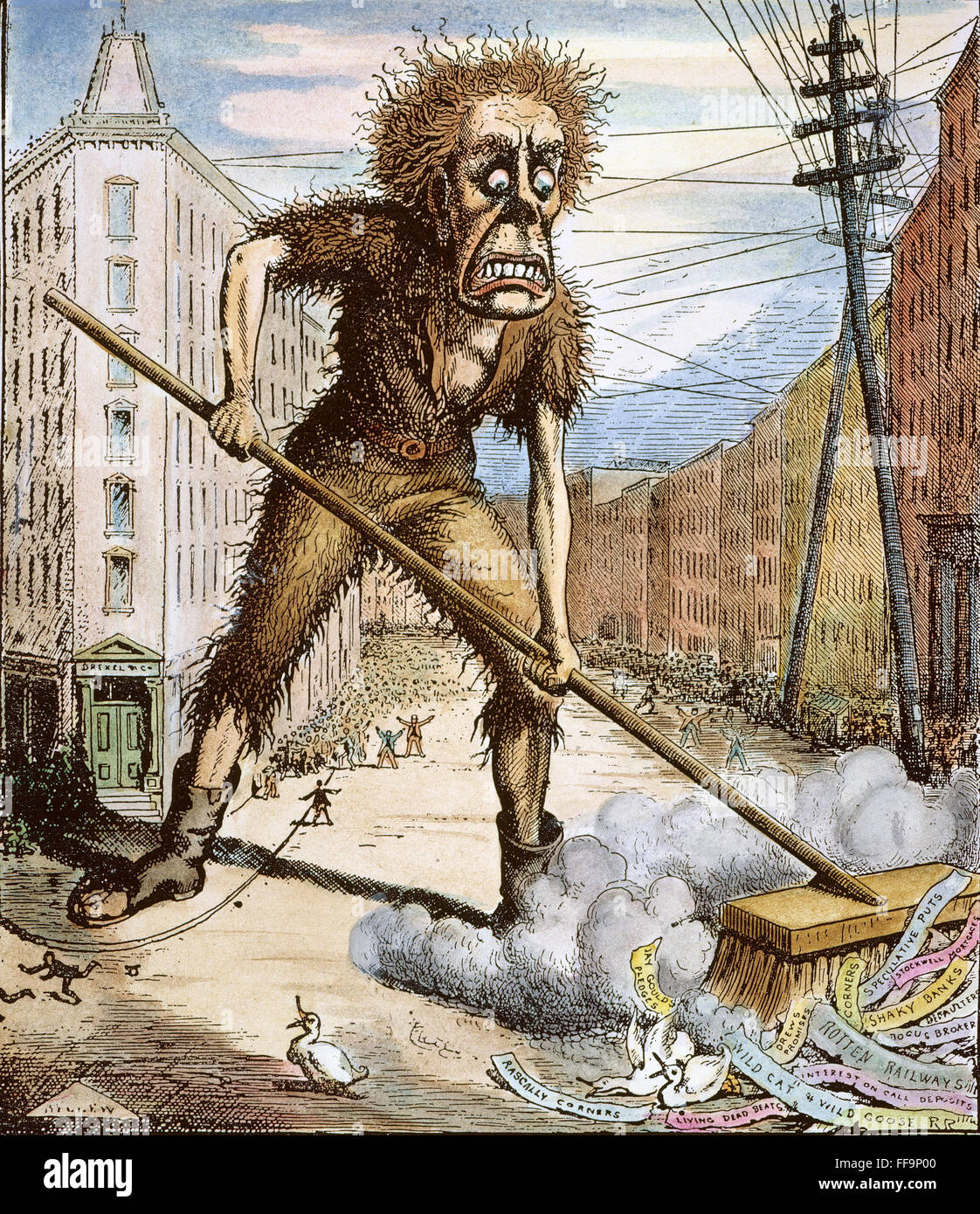 CARTOON: WALL ST. PANIC 1873. /nPanic as a health officer, sweeping the garbage out of Wall Street: a contemporary cartoon comment on the Wall Street crash and the financial Panic of 1873. Stock Photo