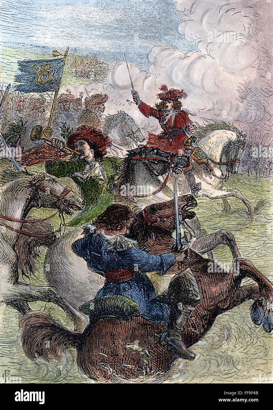 WILLIAM III: BOYNE, 1690. /nThe King of England at the Battle of the Boyne in Ireland. Wood engraving, 19th century. Stock Photo