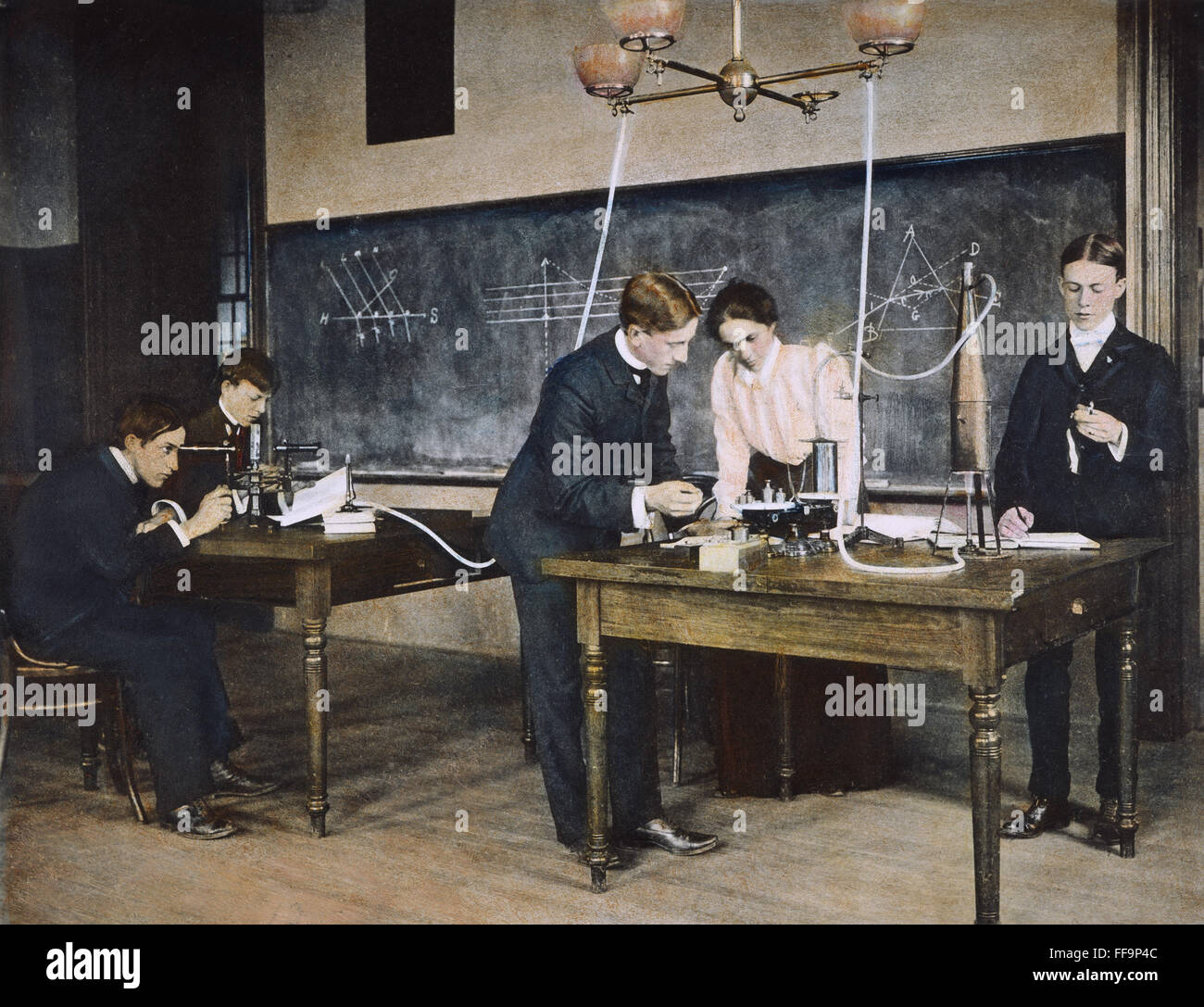 EDUCATION: PHYSICS, c1892. /nThe physics laboratory at Western High School, Washington, D.C.: oil over a photograph, c1892. Stock Photo