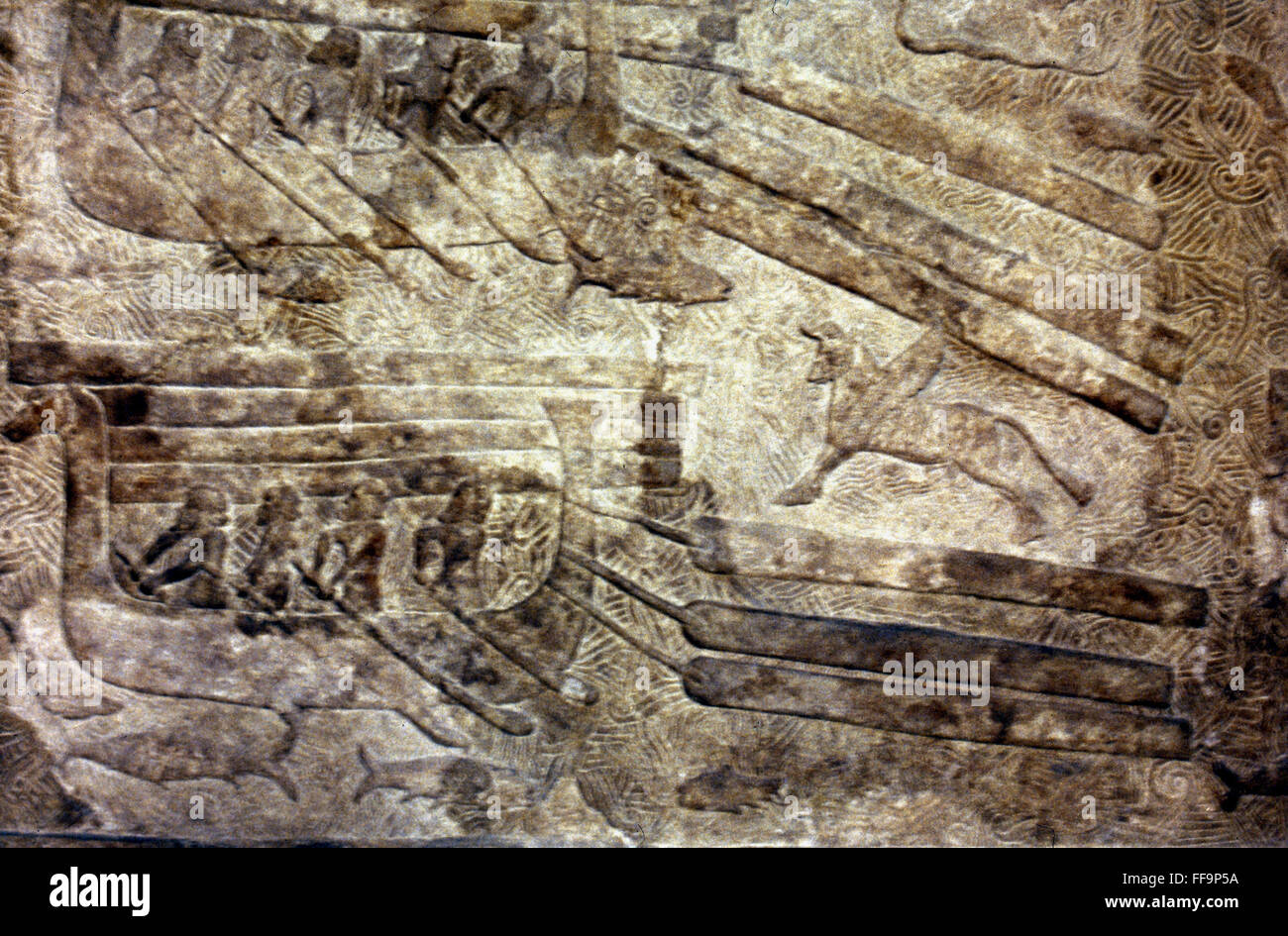 PHOENICIAN SHIPS. /nLight Phoenician cargo vessels transporting floating cedar trunks: Assyrian bas-relief, 721-705 B.C. Stock Photo