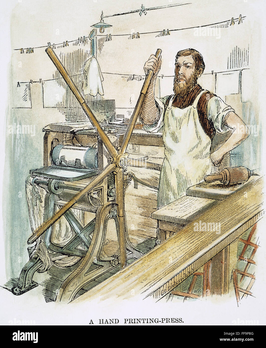 HAND PRINTING-PRESS, 1890. /nHand printing-press at the Bureau of Engraving and Printing, Washington, D.C.: line engraving, 1890. Stock Photo