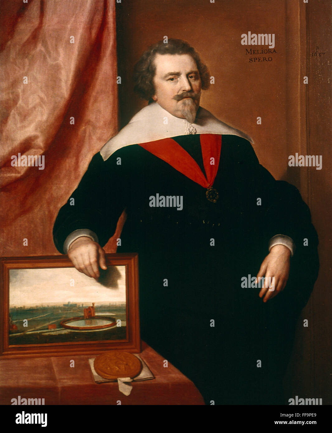 SIR JOHN BACKHOUSE /n(1582-1649). English landowner and politician. Wearing the badge of the Order of Bath while standing next to a painting of the New River Company reservoir that had been built on his property in Islington. Oil on canvas, 1637, by 'VM.' Stock Photo