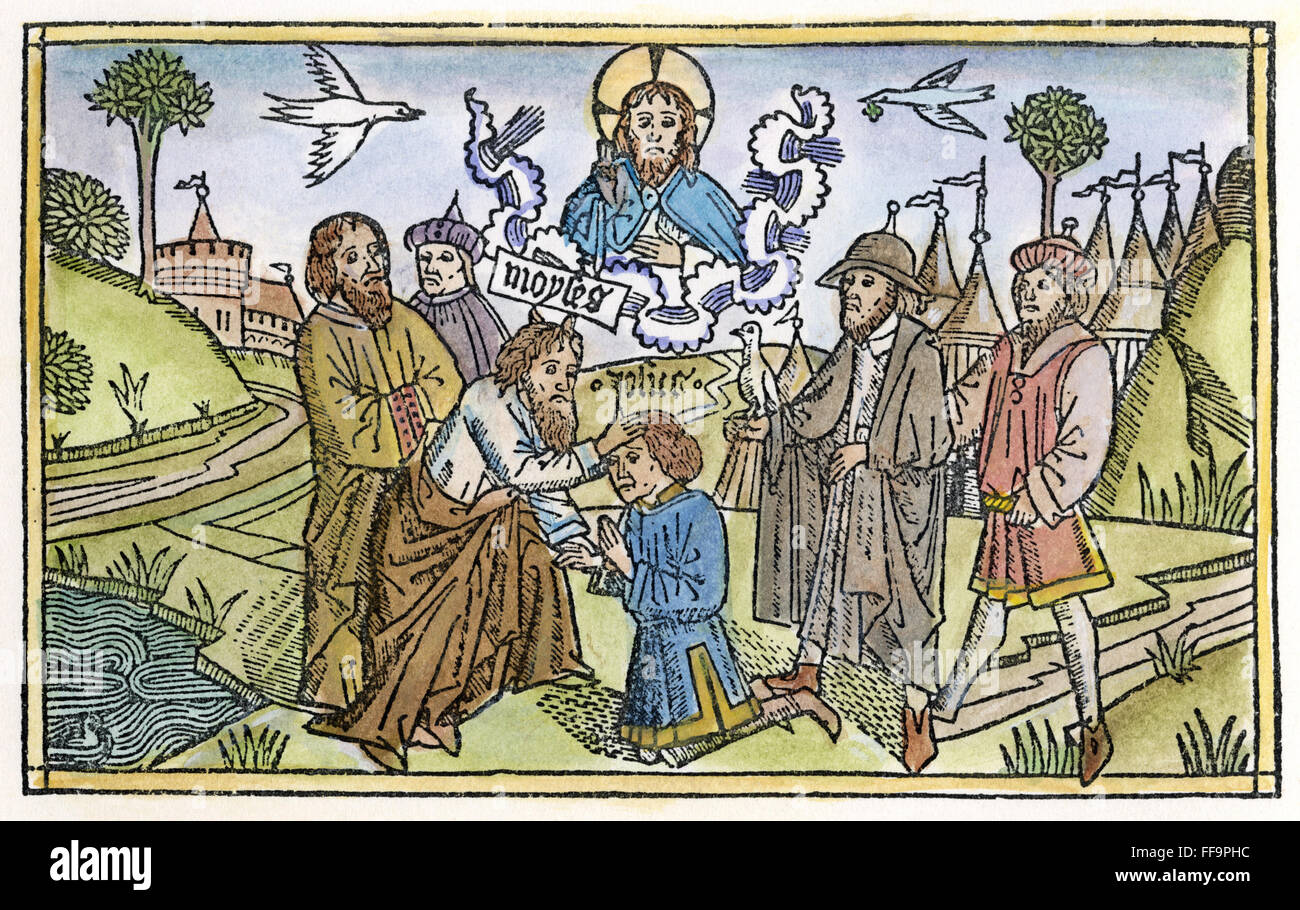 MOSES BLESSING JOSHUA. /nMoses blesses the kneeling Joshua and inducts him into the leadership of the Israelites (Numbers 27: 18-23). Woodcut from the Cologne Bible, 1478-80. Stock Photo