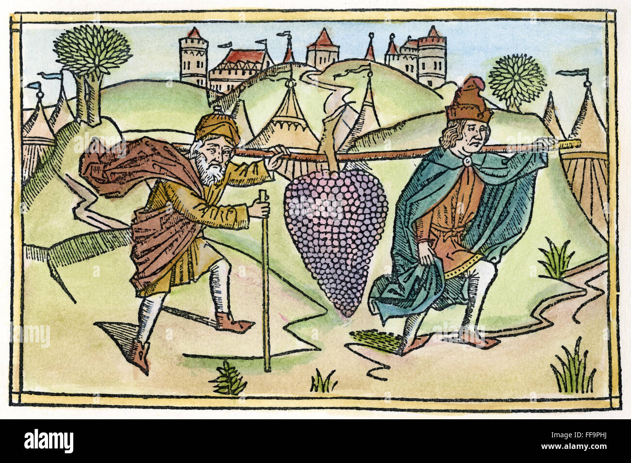 SPIES SENT TO CANAAN. /nThe spies sent to scout the land of Canaan return with a bunch of grapes so large it takes two men to carry it (Numbers 13: 23-27). Woodcut from the Cologne Bible, 1478-80. Stock Photo
