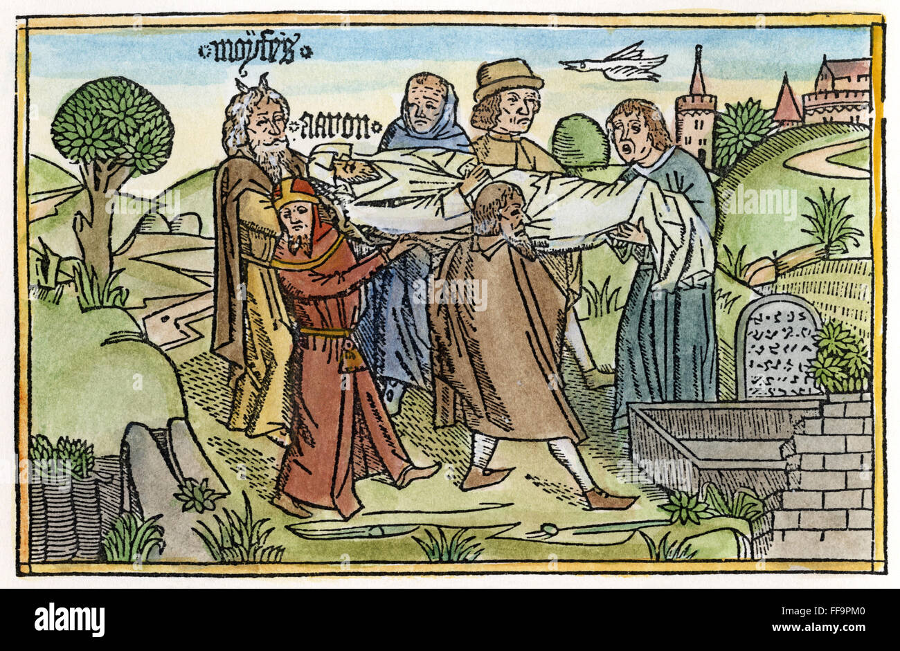 BURIAL OF AARON. /nThe burial of Aaron, brother of Moses, on Mount Hor (Numbers 20: 22-29). Woodcut from the Cologne Bible, 1478-80. Stock Photo