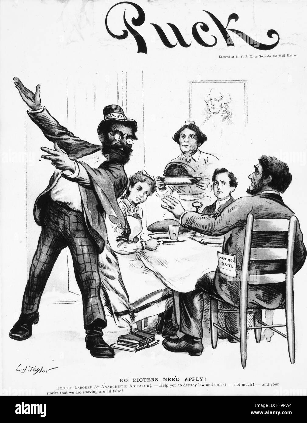 CARTOON: ANARCHIST, 1893. /n'No Rioters Need Apply!' 'Honest Laborer (to anarchistic agitator) - Help you to destroy law and order? - not much! - and your stories that we are starving are all false!' An American magazine cartoon of 1893 in which an honest Stock Photo
