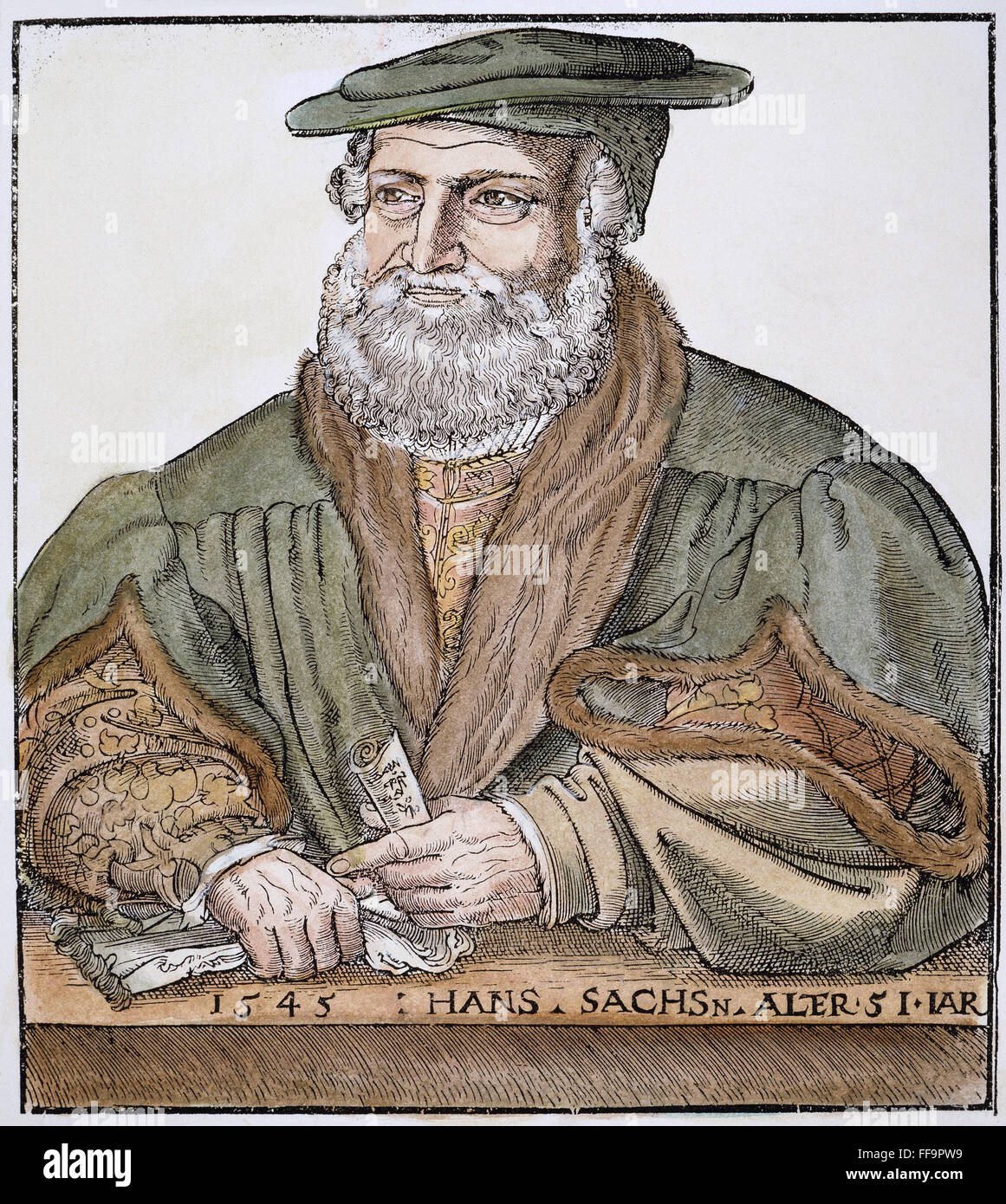 HANS SACHS (1494-1576). /nGerman poet and Meistersinger. Woodcut, 1545, by Hans Brosamer. Stock Photo
