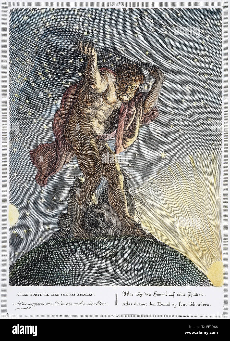 ATLAS HOLDING UP HEAVENS. /nCopper engraving, 1731, by Bernard Picart. Stock Photo