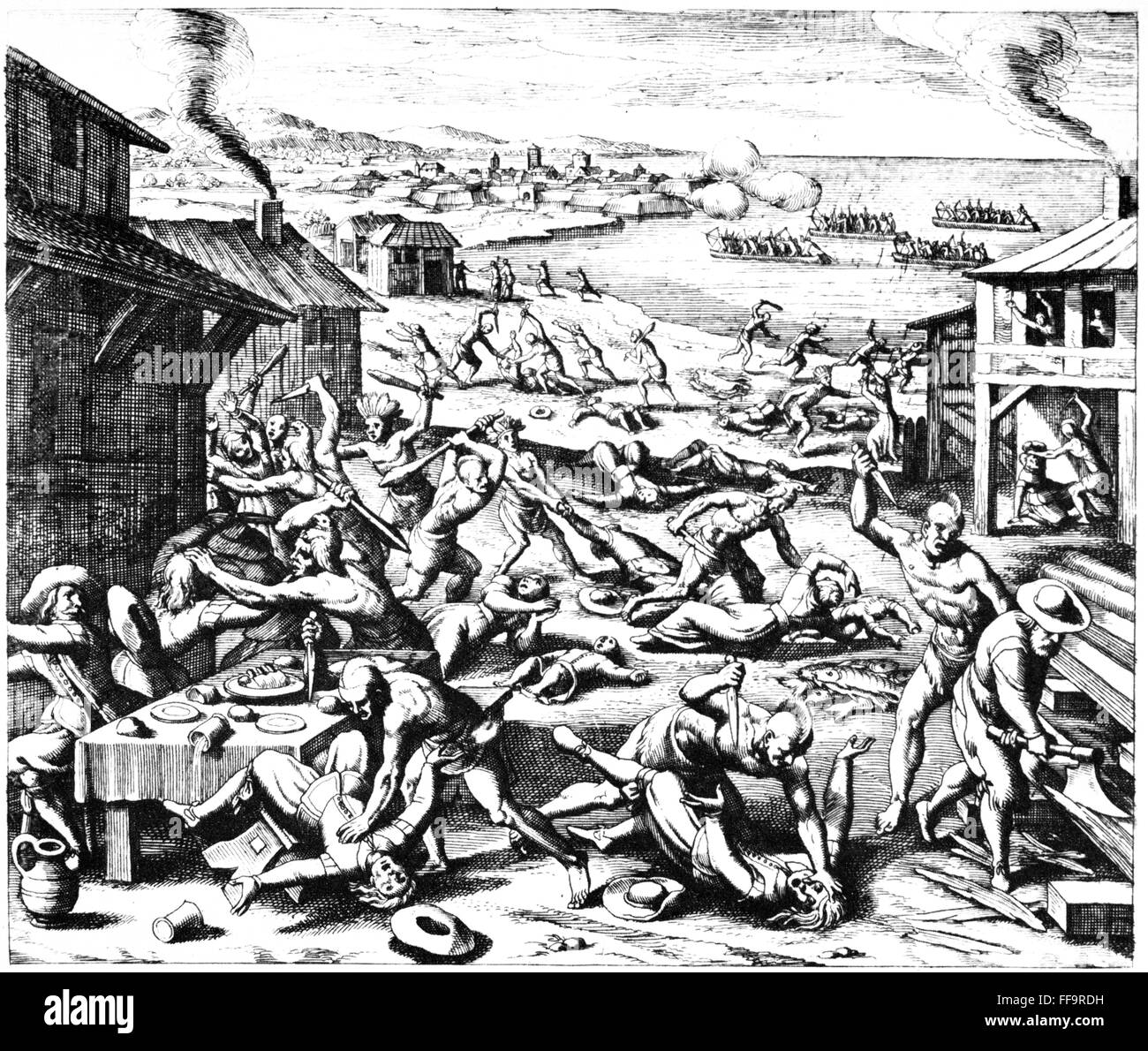 /nThe massacre at Jamestown, Virginia, 1622. Line engraving, 1628, by Matthaeus Merian.