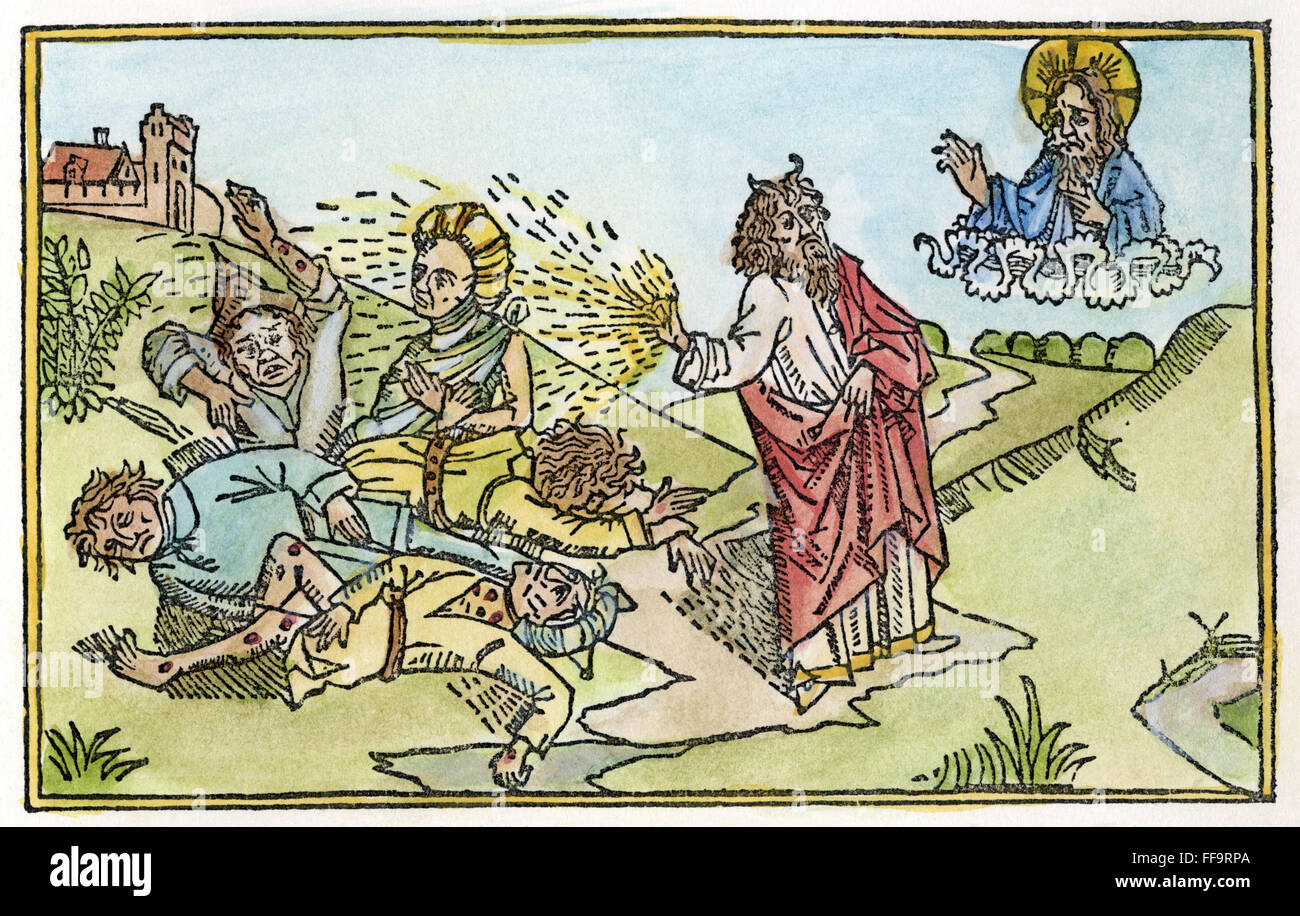 PLAGUE OF BOILS AND BLAINS. /nMoses is directed to take handfuls of ashes of the furnace and sprinkle them toward heaven, thereby producing boils and blains upon man and beast (Exodus 9: 8-12). Woodcut from the Cologne Bible of 1478-80. Stock Photo
