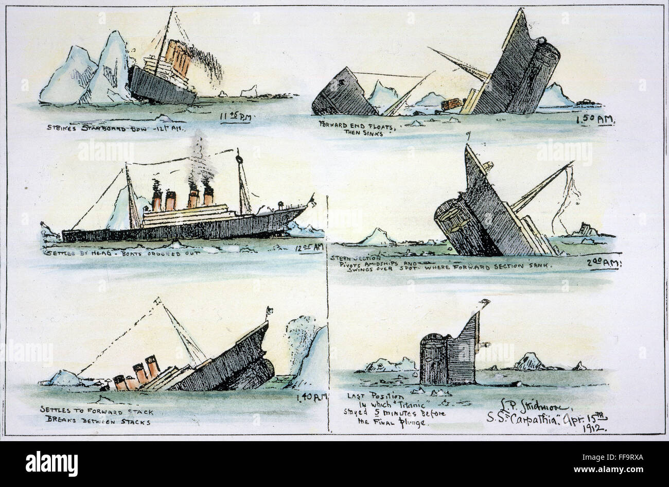 SINKING OF THE 'TITANIC.' /nOn April 14-15, 1912, drawn by John B. Thayer, a survivor, and L.P. Skidmore immediately after the rescue of the survivors. Stock Photo