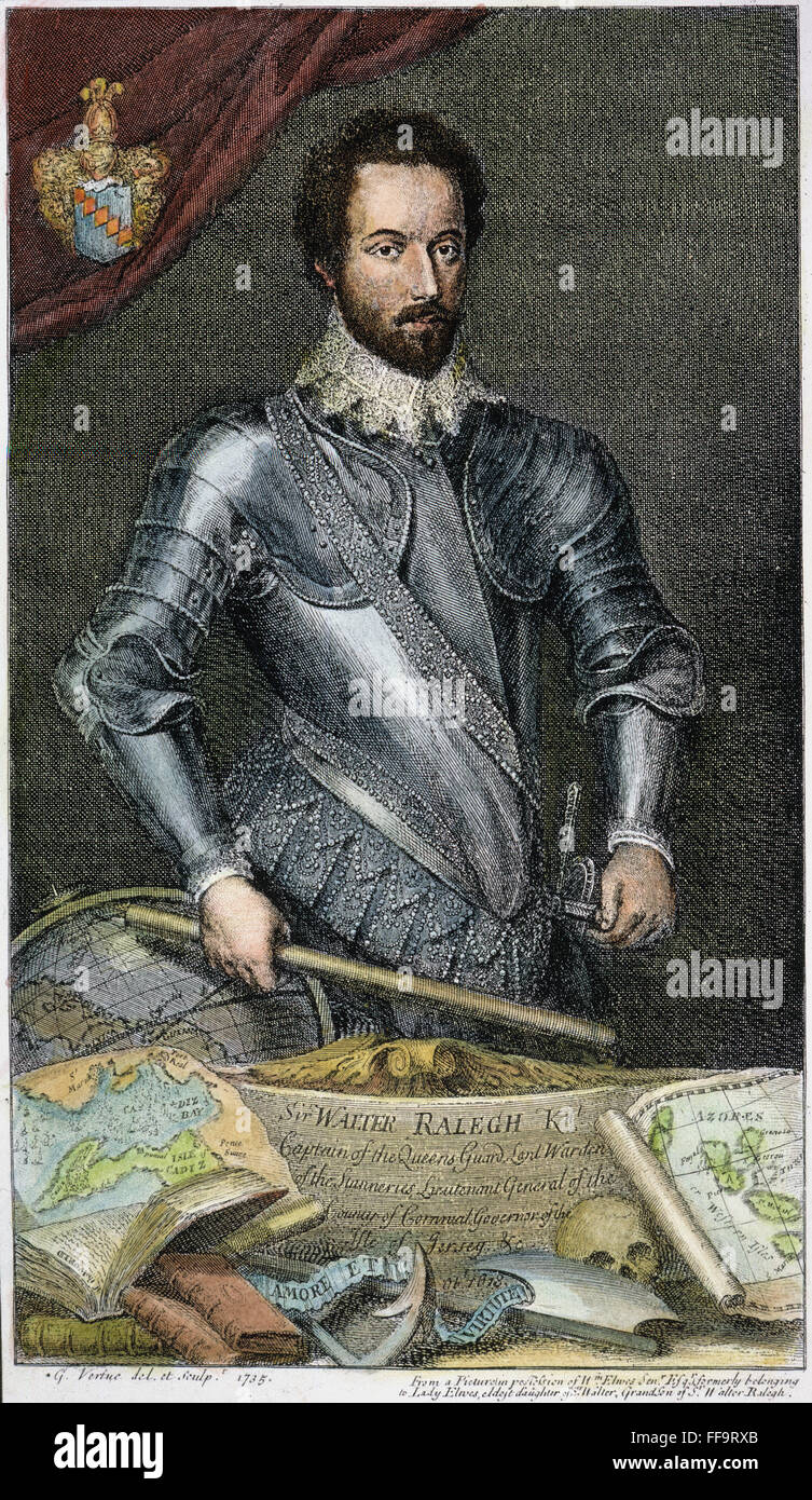 SIR WALTER RALEIGH /n(1552-1618). English adventurer, courtier, and writer. Line engraving, 1735, by George Vertue. Stock Photo