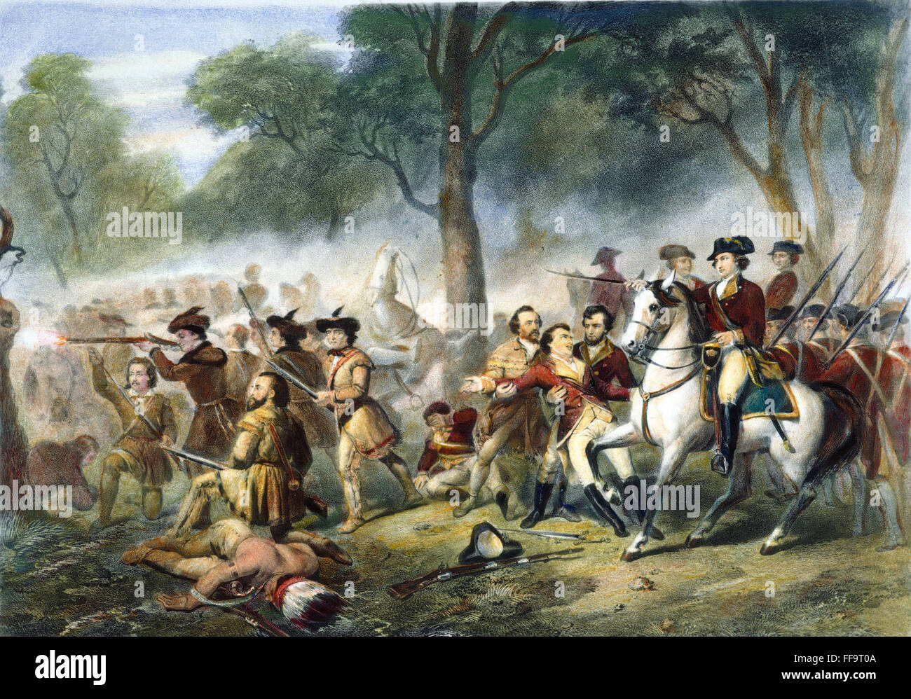 WASHINGTON: MONONGAHELA. /nGeorge Washington, on horseback, at the Battle of the Monongahela, July 9, 1755, after Braddock's army was attacked by French forces from Fort Duquesne. Lithograph, French, 1854, after a painting by Junius Brutus Stearns. Stock Photo