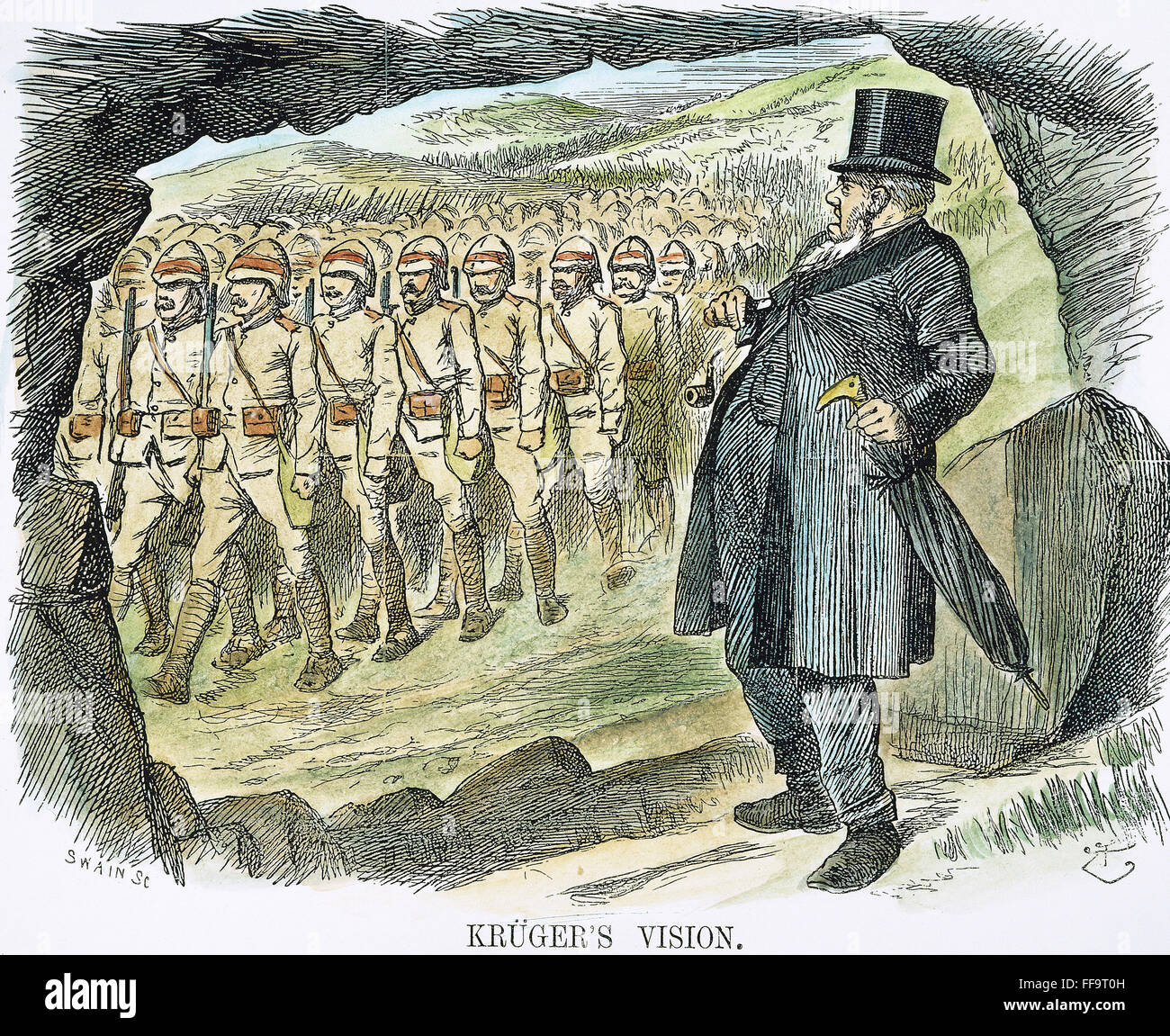 BOER WAR CARTOON, 1899. /n'Kruger's Vision.' At the outbreak of the Boer War, October 1899, Transvaal President, Paul Kruger, imagines seeing endless lines of British soldiers. Contemporary English cartoon by John Tenniel. Stock Photo