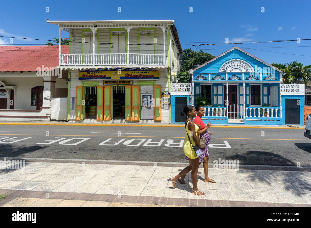 Typical local houses in the old town, Puerto Plata, North Coast, Dominican Republic, Caribbean Stock Photo