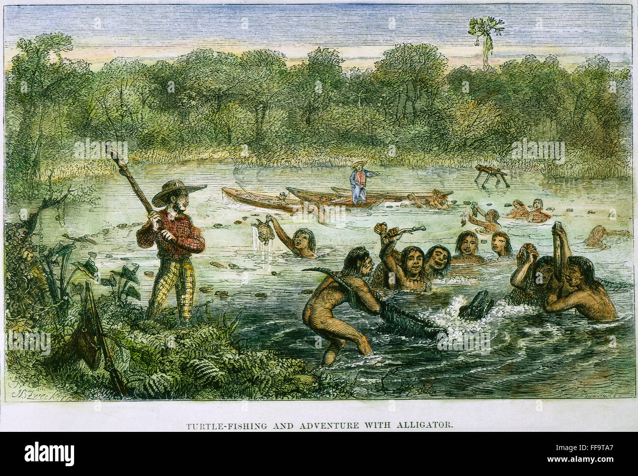 HENRY WALTER BATES /n(1825-1892). At left, holding a club watching Amazonian native Indians capturing turtles and a cayman. Wood engraving from Bates 'The Naturalist on the River Amazons,' 1863. Stock Photo