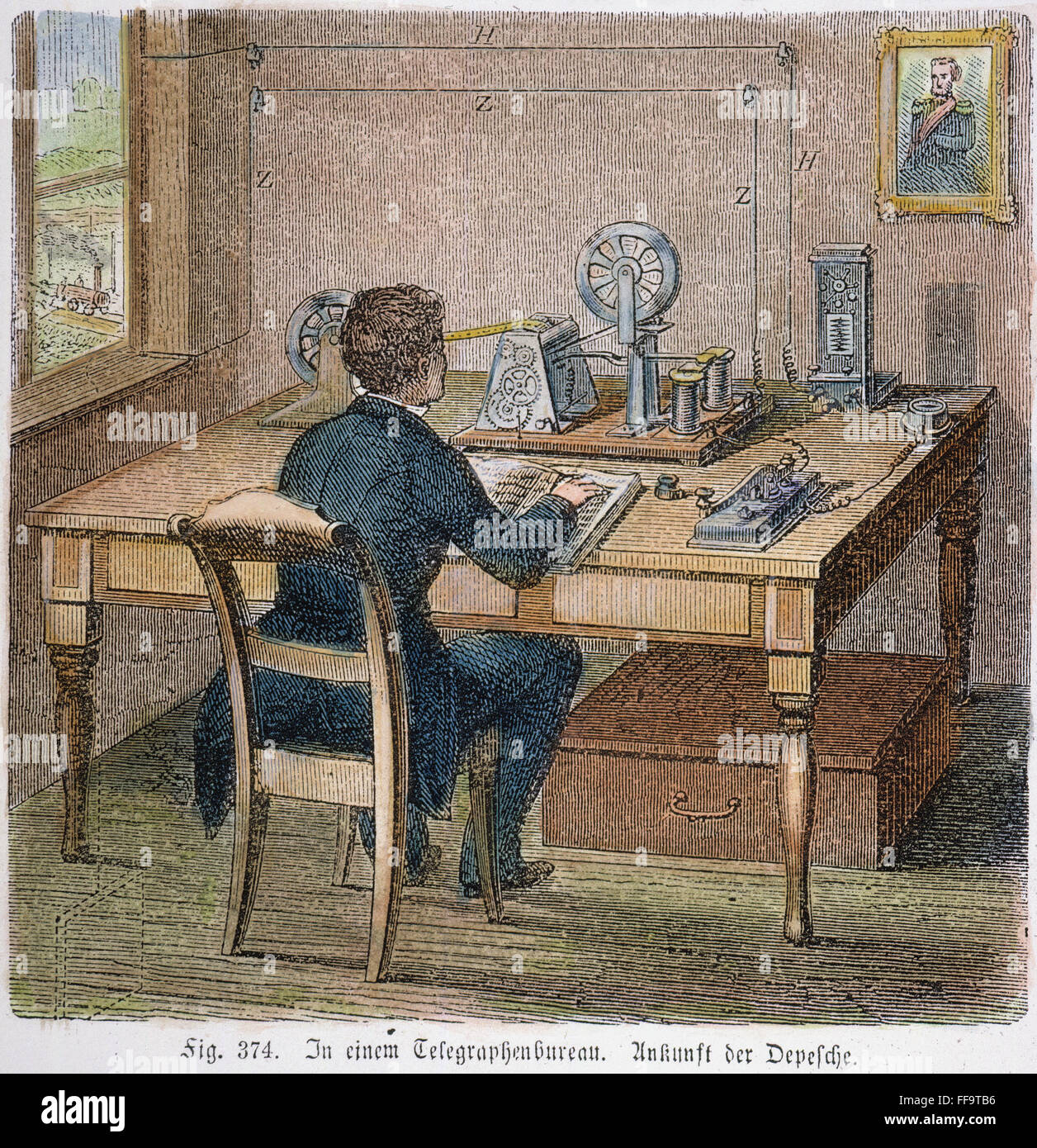 MORSE TELEGRAPH OPERATOR. /nLine engraving, German, 19th century. Stock Photo