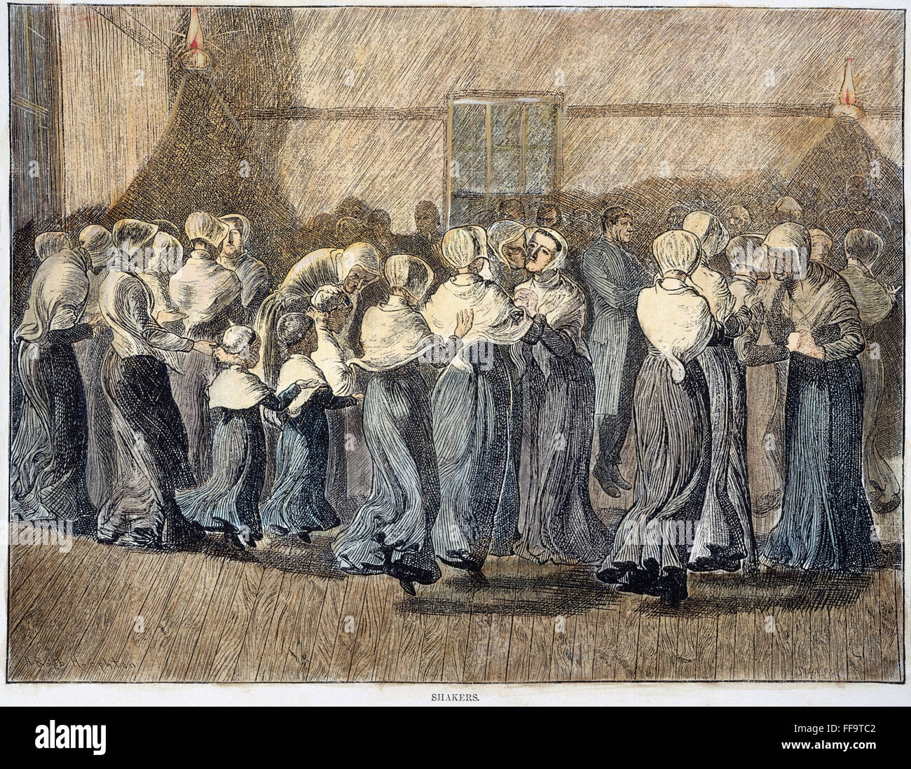 SHAKERS DANCING. /nWood engraving, American, 1870. Stock Photo