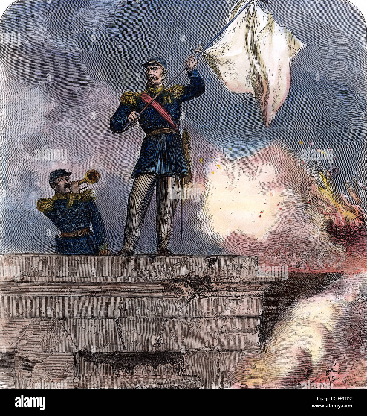 FRANCO-PRUSSIAN WAR, 1870. /nFrench General Lauriston waves the flag of truce from the gate of the fortified town of Sedan, 1 September 1870, during the Franco-Prussian War. Wood engraving from a contemporary English newspaper. Stock Photo