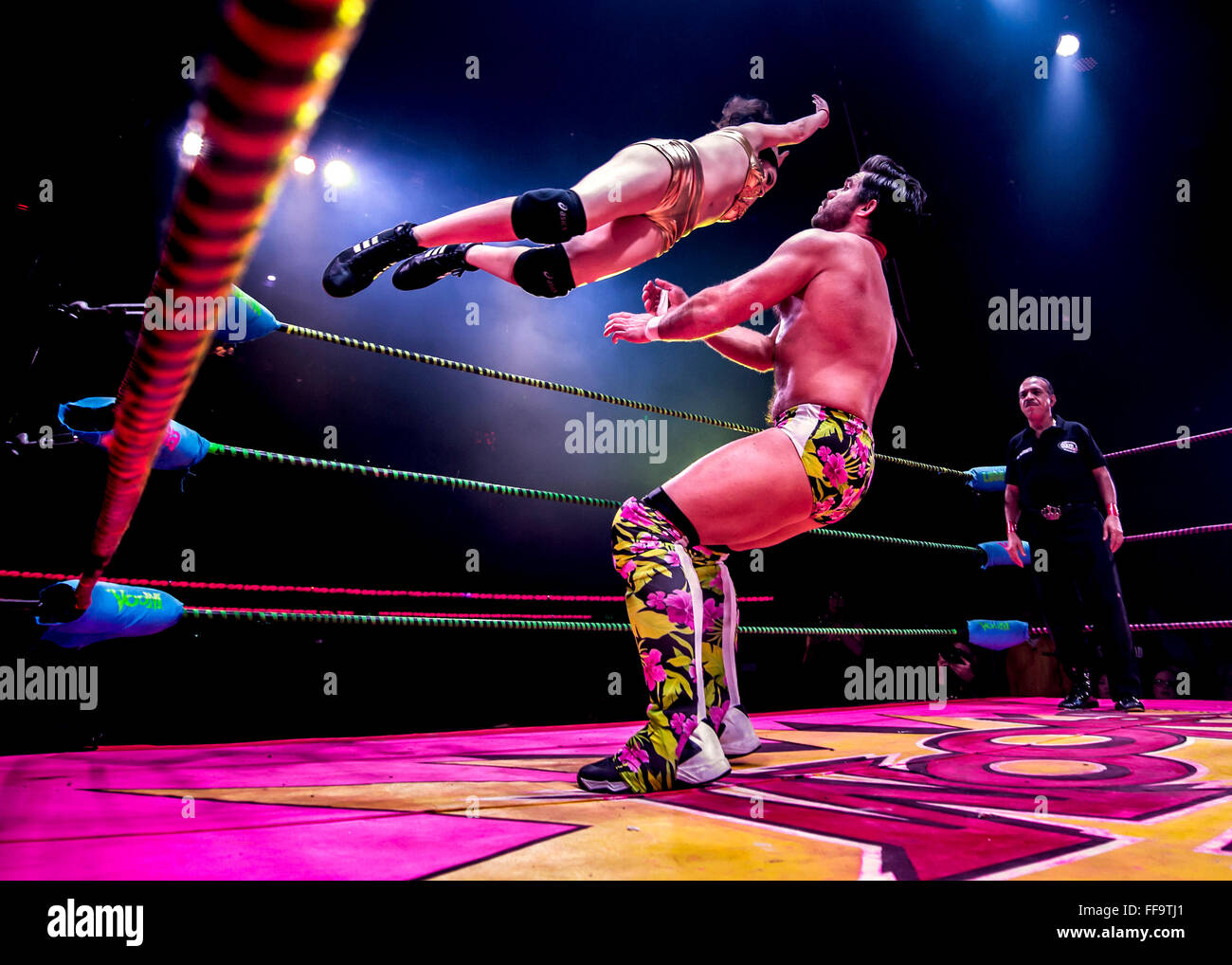 Feb. 10, 2016 - Los Angeles, California, U.S. -  Lucha VaVOOM, a raucus mashup of Mexican masked wrestling and saucy striptease, presents ''Crazy in Love,'' their 2016 Valentine's Day show running for two nights at the historic Mayan Theatre in downtown Los Angeles.(Credit Image: © Brian Cahn via ZUMA Wire) Stock Photo