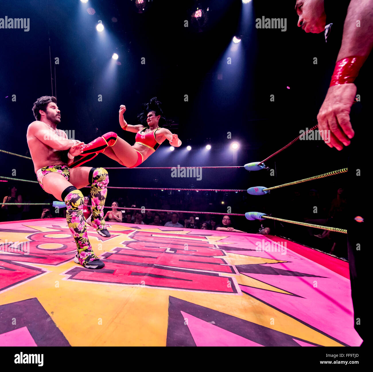 Feb. 10, 2016 - Los Angeles, California, U.S. -  Lucha VaVOOM, a raucus mashup of Mexican masked wrestling and saucy striptease, presents ''Crazy in Love,'' their 2016 Valentine's Day show running for two nights at the historic Mayan Theatre in downtown Los Angeles.(Credit Image: © Brian Cahn via ZUMA Wire) Stock Photo