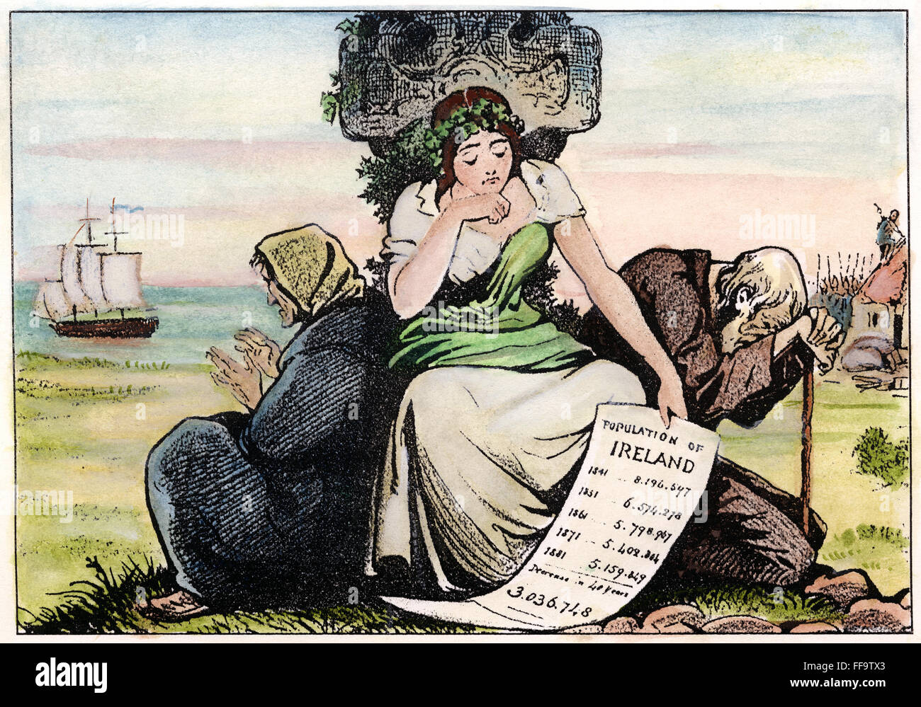 POTATO FAMINE./nAn Irish cartoon from 1881 showing the huge decline in